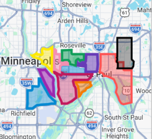 Map of the Minneapolis and St. Paul area with service areas outlined in color
